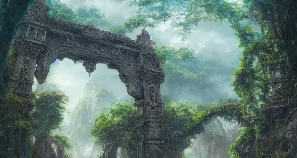Prompt: a beautiful detailed matte painting of ancient ornamental mystical gate in the jungle, digital art by cai zhichao, landscape, detailed and complex environment, concept art, futurism, vibrant, trending on artstation