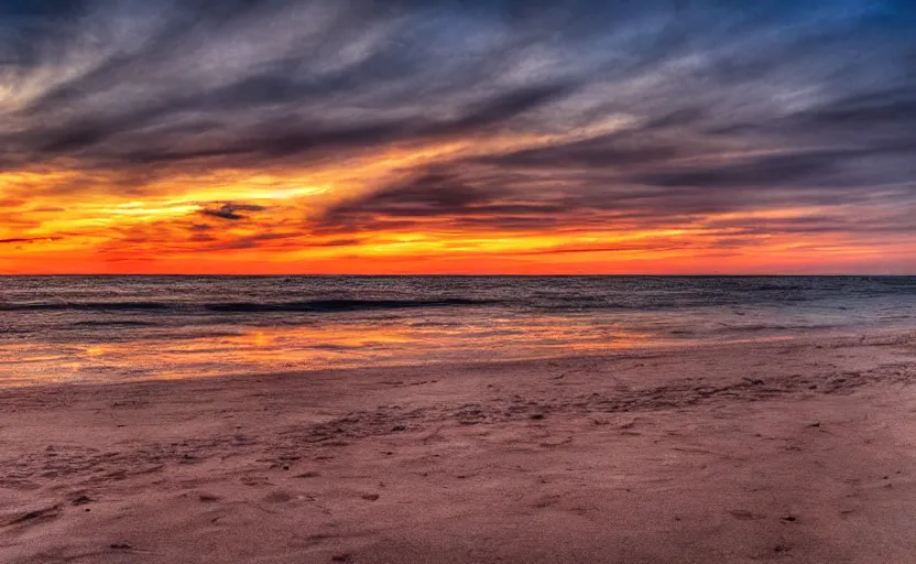 Prompt: A gorgeous sunset at the beach, long focal length, sunset vibes, hdr 8k, dslr photography