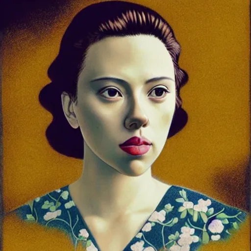 Image similar to “ scarlett johansson portrait by ikenaga yasunari and ayana otake and ko rakusui, 6 0 s poster, drawing, realistic, sharp focus, japanese, dreamy, nostalgia, faded, golden hues, floral clothes, porcelain skin ”