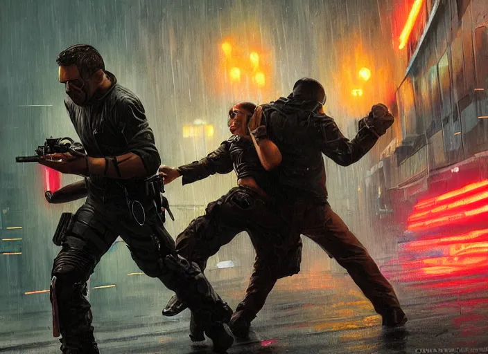 Image similar to ezra defeats sgt griggs. cyberpunk hacker knocking out menacing cop ( blade runner 2 0 4 9, dystopian, cyberpunk 2 0 7 7 character design ). epic painting by james gurney and laurie greasley, oil on canvas. cinematic, hyper realism, realistic proportions, anatomy, dramatic lighting, high detail 4 k