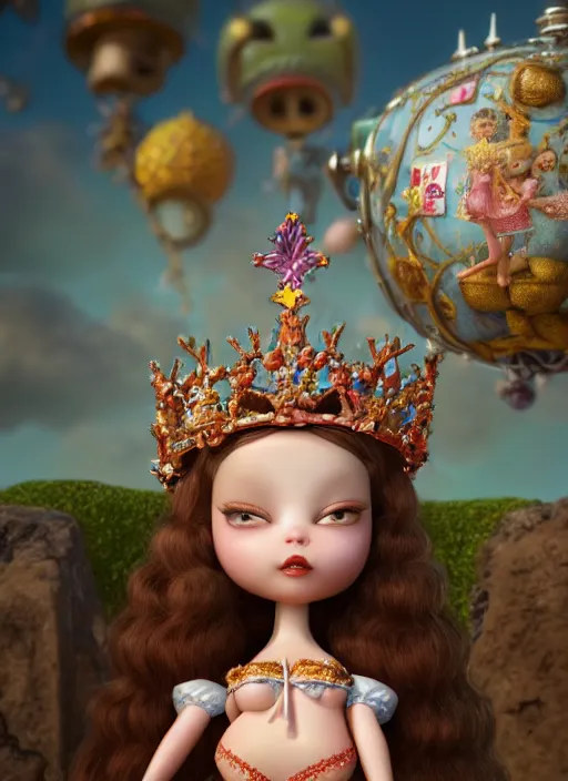 Image similar to highly detailed closeup, profile portrait of a tin toy fairytale princess wearing a crown, bikini, unreal engine, nicoletta ceccoli, mark ryden, earl norem, lostfish, global illumination, detailed and intricate environment