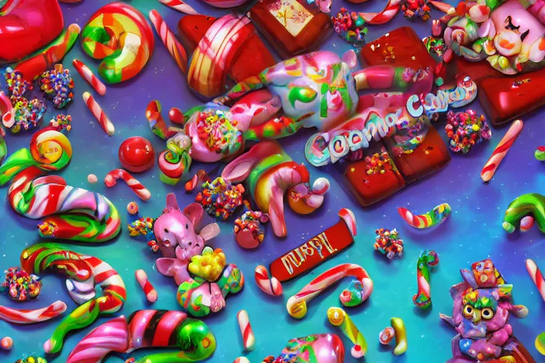 Prompt: an epic fantastic realism comic book style painting of an enchanted dreamland of cute candy critters, gumdrop bunnies, candy cane serpents and love, cinema 4 d, hd, dynamic lighting