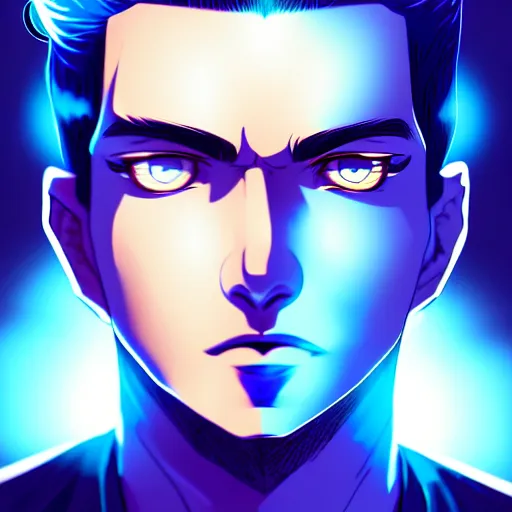 Image similar to a highly detailed portrait of a man with navy blue hair and blue glowing eyes, summoning blue transparent cubes, high detail clothing, concept art, anime, artstation, professional