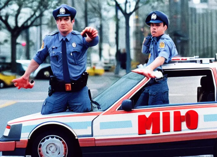 Prompt: 1 9 9 1 live action super mario brother the movie police car