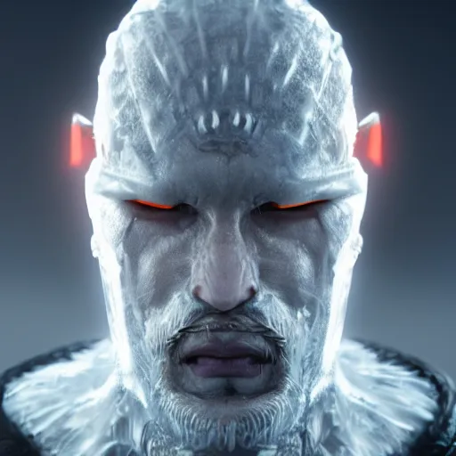 Prompt: centered detailed portrait of a scary ice samurai, beast, realistic character concept, identical eyes, gazing eyes, elegant pose, fantasy, illustration, slender symmetrical face and body, artstation, cinematic lighting, hyperdetailed, cgsociety, 8 k, tom richmond, single face, octane render, golden ratio, vfx, postprocessing, alluring