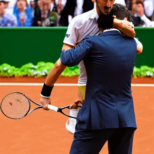 Image similar to a dapper victorian novak djokovic hugging a linesman