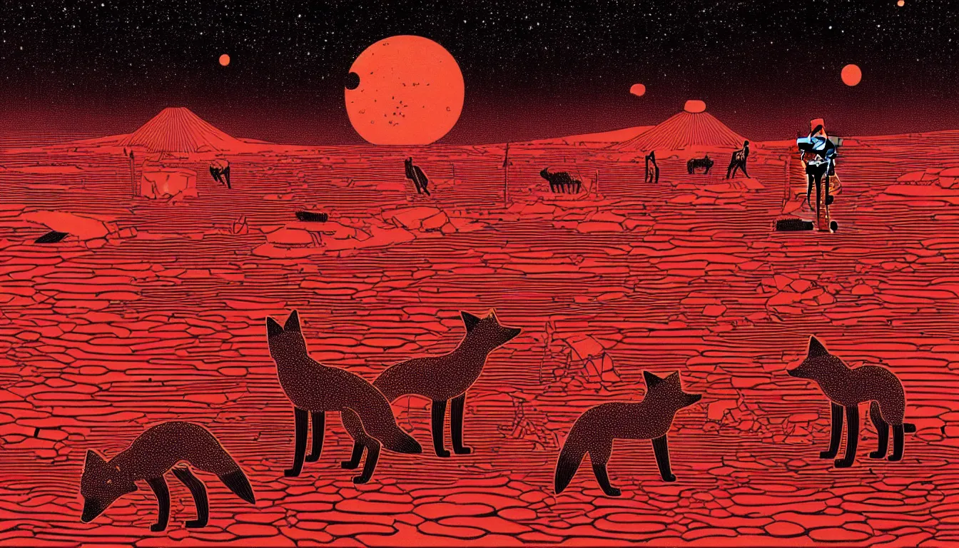 Image similar to a single fox and a robot rover standing on a red desert looking at the night sky by woodblock print, nicolas delort, moebius, victo ngai, josan gonzalez, kilian eng