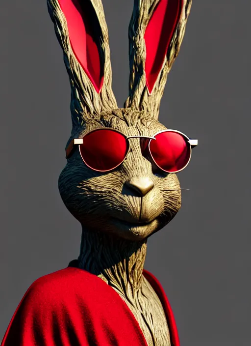 Prompt: rabbit groot as marble statue with sunglasses, red sunglasses, in red background, soft red texture, red realistic 3 d render, high red lights, 4 k, high detailed photography cape, 5 0 mm lens, rich red colors, smooth gradients, depth of field, cinematic