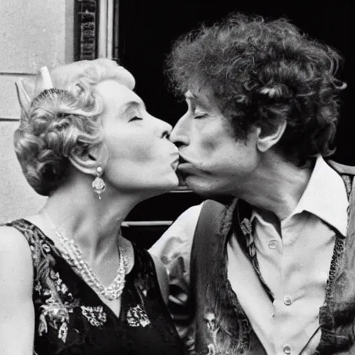 Image similar to bob dylan kissing the queen of england, photograph, high detail