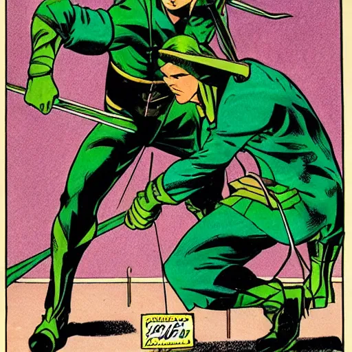 Image similar to The Green Arrow action pose, drawing an arrow from his quiver, comic book cover style