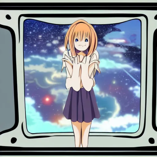 Image similar to an anime girl inside a spaceship looking out a window into space, anime style