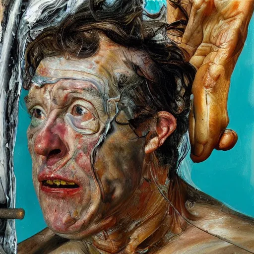 Image similar to high quality high detail painting by lucian freud and jenny saville, hd, crazy man with an axe, turquoise