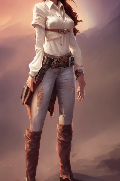 Image similar to full body, female cowgirl, perfect face, white blouse, holster, 8 k, magic the gathering, desert, d & d, artstation, high detail, smooth, sweaty