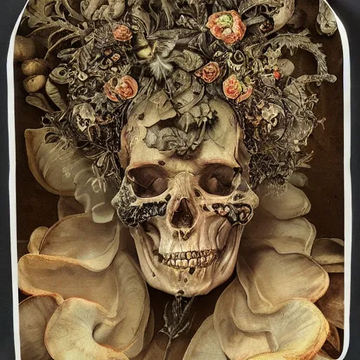 Image similar to a beautiful detailed front view baroque portrait of a rotten woman corpse becoming almost a skull with fractal plants and fractal flowers and mushrooms growing around, intricate, ornate, volumetric light, beautiful lit, polaroid photography