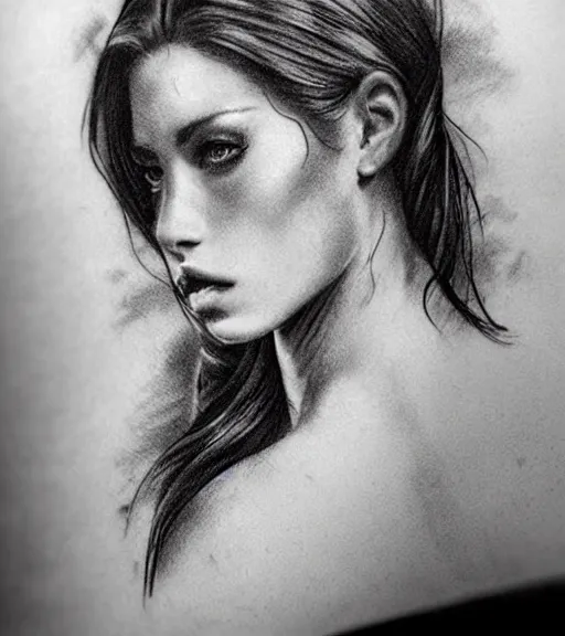 Image similar to tattoo design sketch of a beautiful woman face against a background of beautiful mountains and nature, hyper - realistic, in the style of den yakovlev, amazing detail, black and white