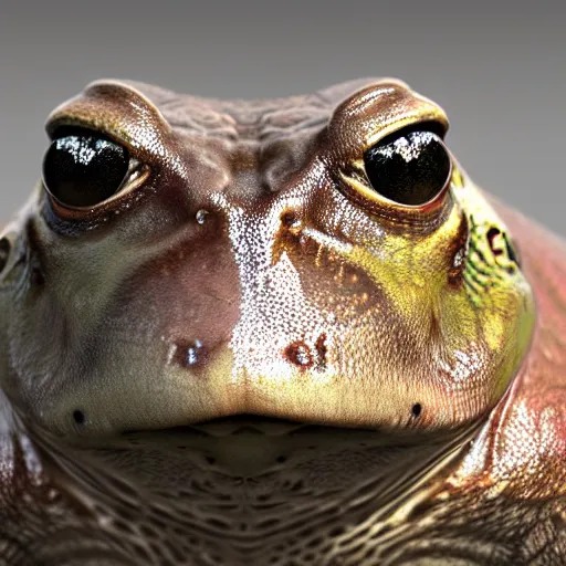 Prompt: hyperrealistic mixed media image of a ( bullfrog ) with!! human facial features!! info wars alex jones, stunning 3 d render inspired art by greg rutkowski and xiang duan and thomas eakes, perfect symmetry, hyper realistic texture, realistic, highly detailed attributes and atmosphere, dim volumetric cinematic lighting, 8 k octane detailed render, post - processing, masterpiece,