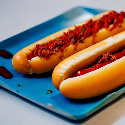 Prompt: food photography of blue hot dog