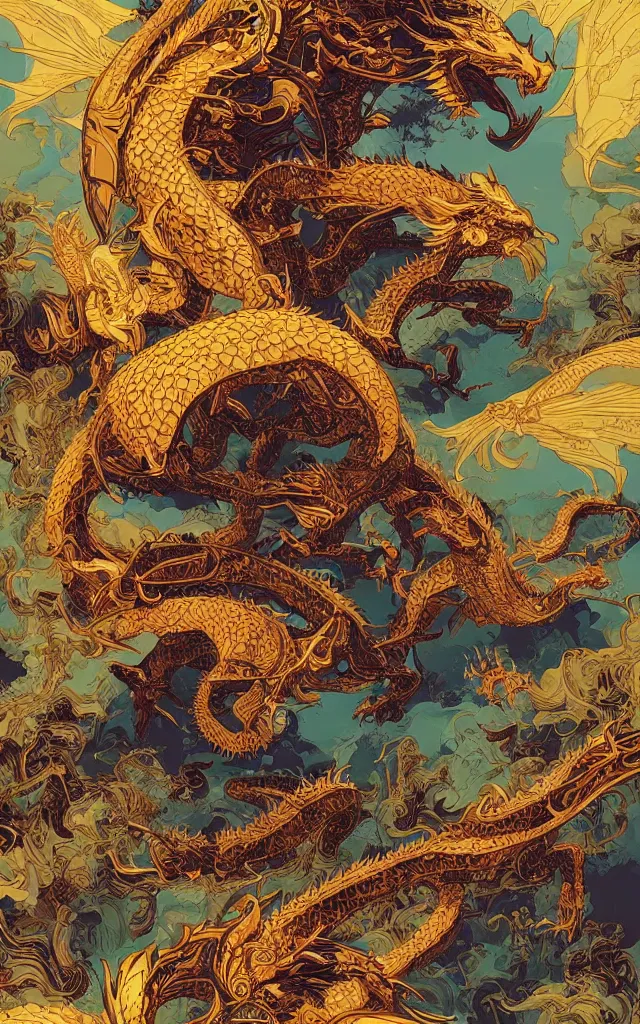 Image similar to the golden dragon ， by victo ngai, andreas rocha, john harris and feng zhu and loish and laurie greasley,