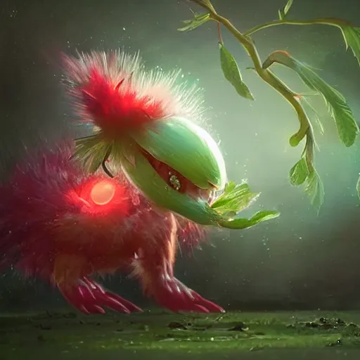 Image similar to a cute berry type pokemon, green feathers bursting out of his hair, highly detailed digital art, 3 d perspective, award - winning illustration, aesthetic, smooth, pokemon style, made by greg rutkowski, in an alien landscape