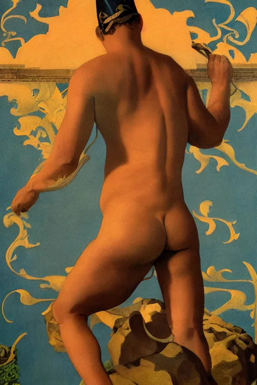 Prompt: tarot card of a shirtless cowboy, dad bod, homoerotic, art deco, art nouveau, by maxfield parrish, trending on artstation