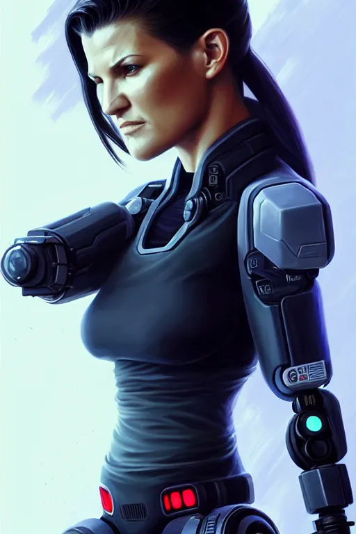 Image similar to gina carano with robotic left arm, casual black clothing, casual pose, large portrait, cyberpunk, digital painting, artstation, concept art, smooth, 8 k frostbite 3 engine, ultra detailed, art by artgerm and greg rutkowski and magali villeneuve