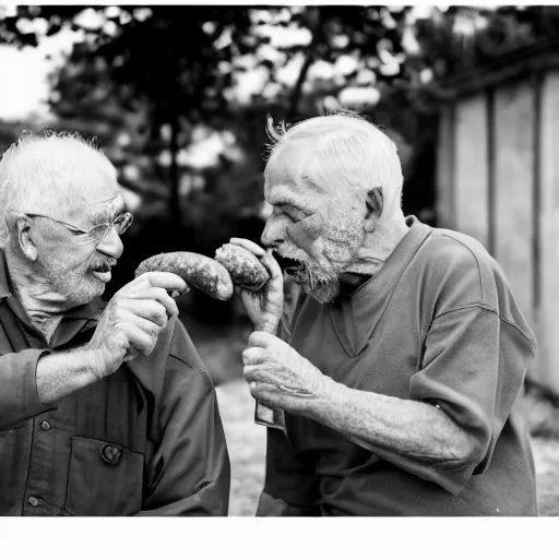 Image similar to Two elderly men fighting over a sausage, Canon EOS R3, f/1.4, ISO 200, 1/160s, 8K, RAW, unedited, symmetrical balance, in-frame