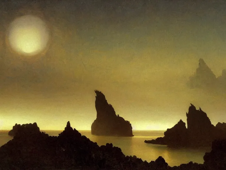 Image similar to an oil painting of an alien planet and the coastline of a black ocean at dawn, beautiful sky by beksinski carl spitzweg and tuomas korpi. baroque elements, full-length view. baroque element. intricate artwork by caravaggio. Trending on artstation. 8k