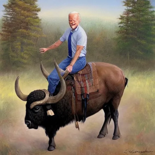 Image similar to Joe Biden riding a buffalo, painting by Jon McNaughton