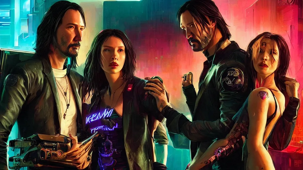 Prompt: a cyberpunk 2077 srcreenshot couple portrait of a Keanu Reeves holding a female androids,love,film lighting,by Laurie Greasley,Lawrence Alma-Tadema,Dan Mumford,John Wick,Speed,Replicas,artstation,deviantart,FAN ART,full of color,Digital painting,face enhance,highly detailed,8K,octane,golden ratio,cinematic lighting