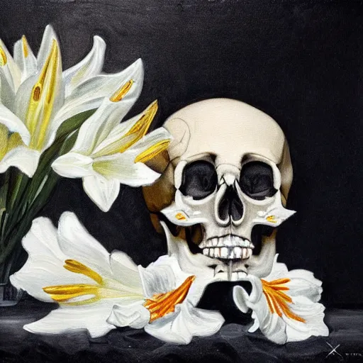 Prompt: a painting of a human skull with diamonds for eyes nestled on a bed of white lilies, dark shadowy background, in the style of a still life oil painting, gothic