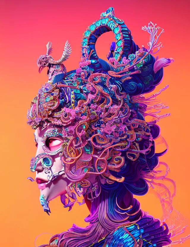 Image similar to 3 d goddess close - up profile portrait with crown, ram skull. beautiful intricately detailed neon japanese crow kitsune mask and clasical japanese kimono. betta fish, jellyfish phoenix, bio luminescent, plasma, ice, water, wind, creature, artwork by tooth wu and wlop and beeple and greg rutkowski