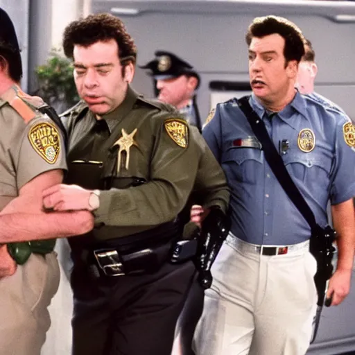 Image similar to George Costanza being arrested by Kramer on an episode of Seinfeld