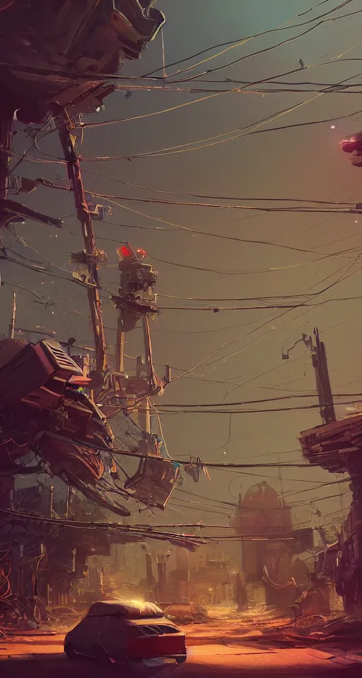 Prompt: beautiful low angle painting of an alien world with unknown structures and technology, gardenpunk, wires everywhere, junk on the ground, neon lights, moody atmosphere, epic composition, dramatic lighting, trending on artstation, octane render, by robert zemeckis