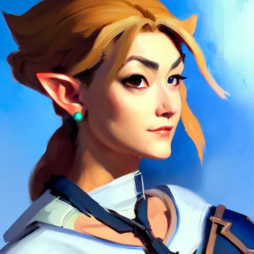 Image similar to Greg Manchess portrait painting of Zelda as Overwatch character, medium shot, asymmetrical, profile picture, Organic Painting, sunny day, Matte Painting, bold shapes, hard edges, street art, trending on artstation, by Huang Guangjian and Gil Elvgren and Sachin Teng