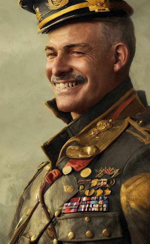 Prompt: official Portrait of a smiling WWI admiral, male, cheerful, happy, detailed face, 20th century, highly detailed, cinematic lighting, digital art painting by greg rutkowski