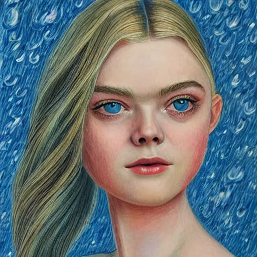 Image similar to professional painting of Elle Fanning in the style of Johfra Bosschart, head and shoulders portrait, symmetrical facial features, smooth, sharp focus, illustration, intricate, stormy weather, extremely detailed masterpiece,