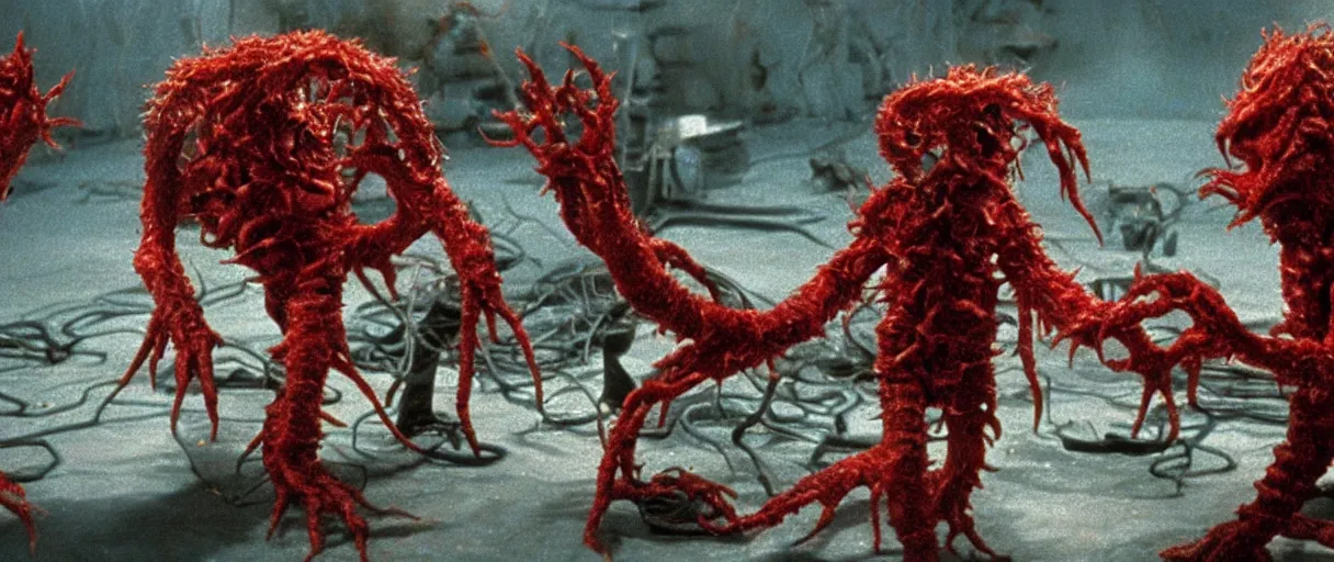 Image similar to filmic extreme wide shot dutch angle movie still 4k UHD interior 35mm film color photograph of a dozen soldiers mangled and stabbed by a dangerous horrifying shape-shifting abstract looking organism from The Thing 1982, in the style of a 1980s horror film