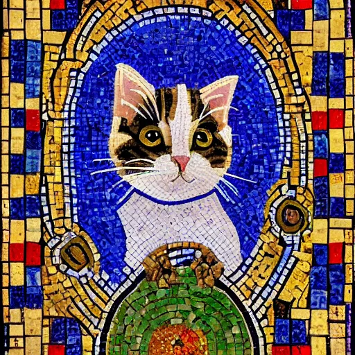 Image similar to a byzantine mosaic of a cute cat on a space station in the style of monet