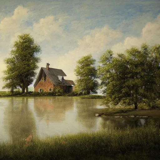 Prompt: farmhouse beside a lake, felix Kelly, trending on artstation