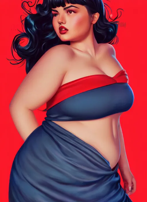 Image similar to full body portrait of teenage veronica lodge, obese, bangs, sultry, realistic, sultry smirk, wavy hair, red skirt, fat, belly, intricate, elegant, glowing lights, highly detailed, digital painting, artstation, concept art, smooth, sharp focus, illustration, art by wlop, mars ravelo and greg rutkowski