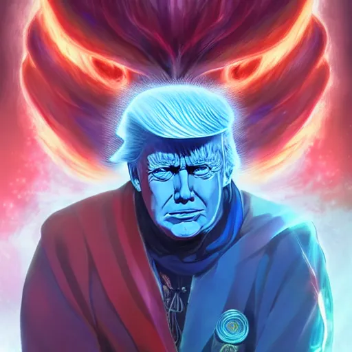 Image similar to anime portrait of Donald Trump as a shaman yedi using dark force to eliminate trump as an anime antagonist by Stanley Artgerm Lau, WLOP, Rossdraws, James Jean, Andrei Riabovitchev, Marc Simonetti, and Sakimichan, trending on artstation