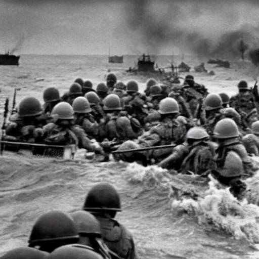 Image similar to go pro footage of d - day invasion, violent, blood, realistic