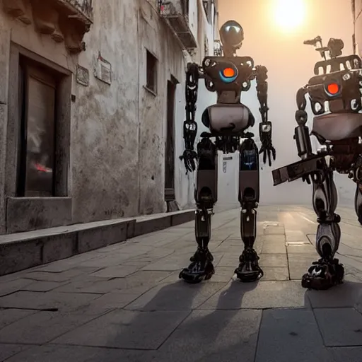 Prompt: two evil humanoid robott with a gun, in venice, cyberpunk style, wide shot, long shot, sunset golden hour