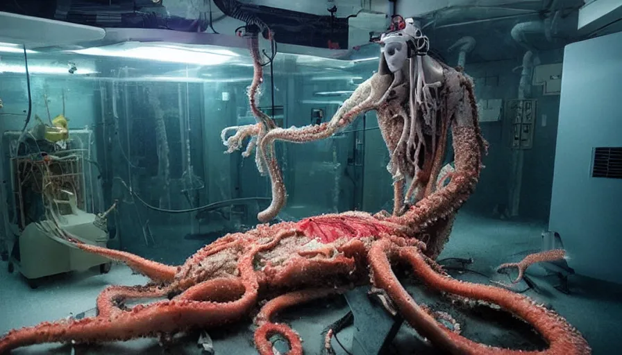 Image similar to Big budget horror movie: in an undersea biolab, a cyborg does an autopsy while being watched by a giant squid