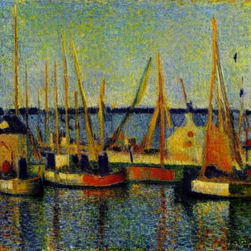 Image similar to vlaardingen harbor, oil painting by seurat, monet, modigliani, renoir