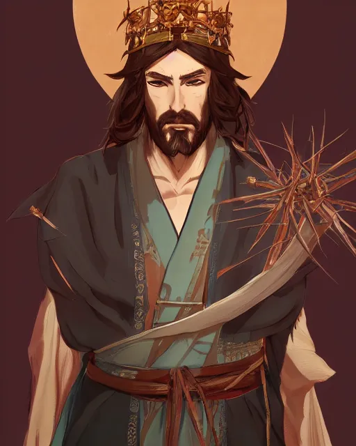 Prompt: an anime portrait of jesus as a beautiful man wearing a kimono and a crown of thorns from skyrim, by stanley artgerm lau, wlop, rossdraws, james jean, andrei riabovitchev, marc simonetti, and sakimichan, trending on artstation