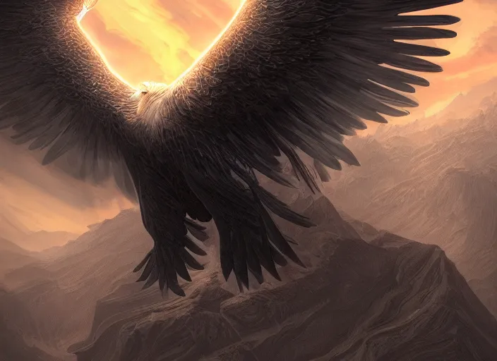 Image similar to majestic eagle made out of light soars over a canyon of darkness, sunset, beautiful, extremely detailed, concept art, artgerm, trending on artstation, powerful imagery, award - winning, fantasy aesthetic,