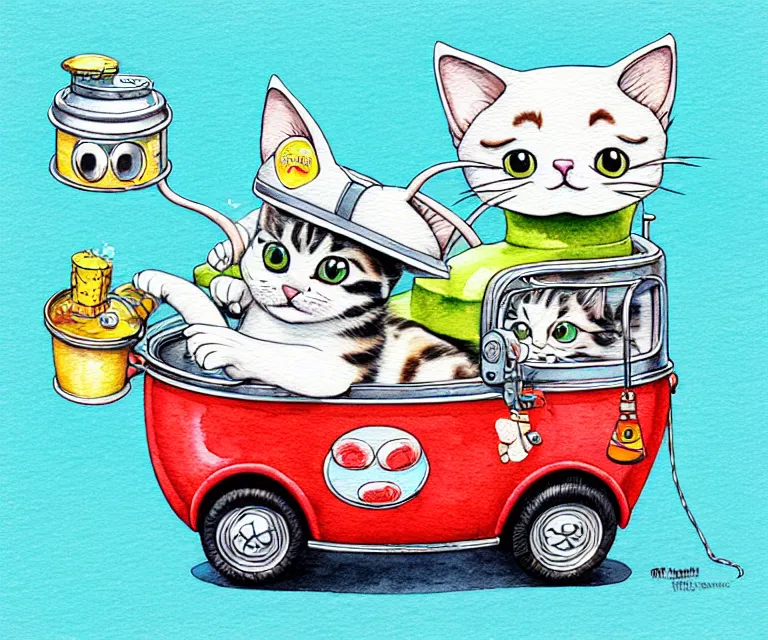 Image similar to cute and funny, kitten wearing a cookpot helmet driving a catnip truck like they stole it, ratfink style by ed roth, centered award winning watercolor pen illustration, isometric illustration by chihiro iwasaki, edited by craola, tiny details by artgerm and watercolor girl, symmetrically isometrically centered