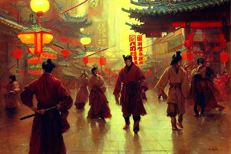 Image similar to wuxia, winter, attractive male, neon light, chinatown, painting by gaston bussiere, craig mullins, j. c. leyendecker