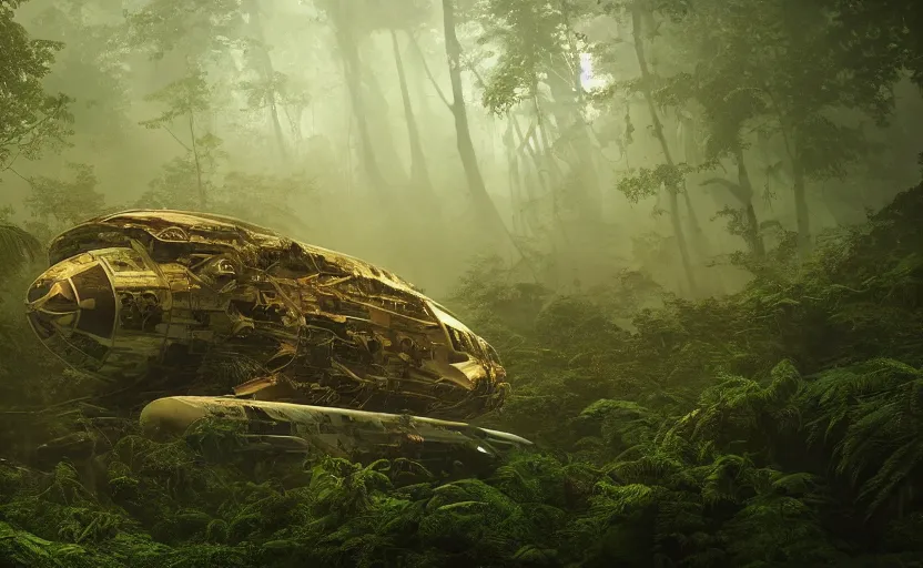 Image similar to a giant derelict crashed spaceship in a beautiful dense rainforest, foggy atmosphere, sharp details, photorealistic, octane render, golden hour, cinematic lighting, immense scale